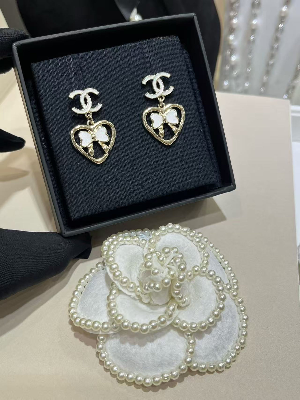 18K CC Black & White Diamond Gold Earrings, CHANE