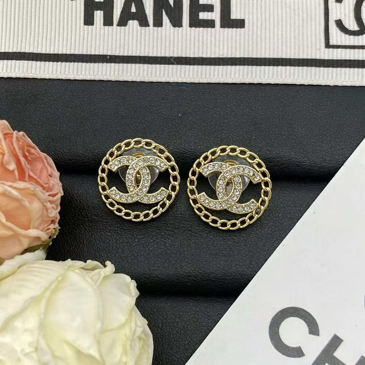 18K CC Black & White Diamond Gold Earrings, CHANE