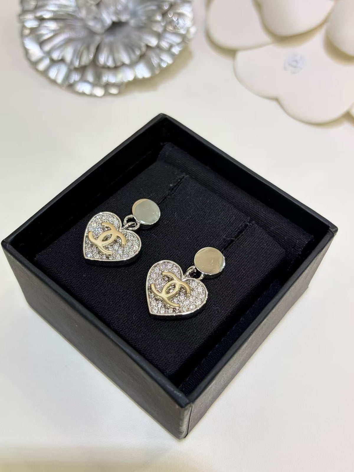 18K CC Black & White Diamond Gold Earrings, CHANE