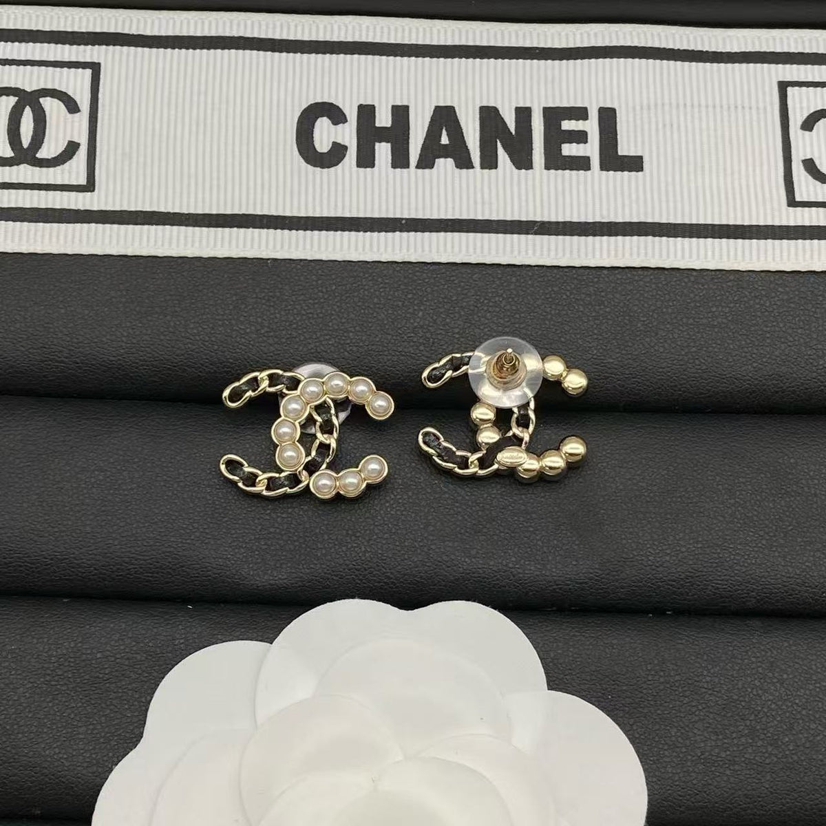 18K CC Black & White Diamond Gold Earrings, CHANE