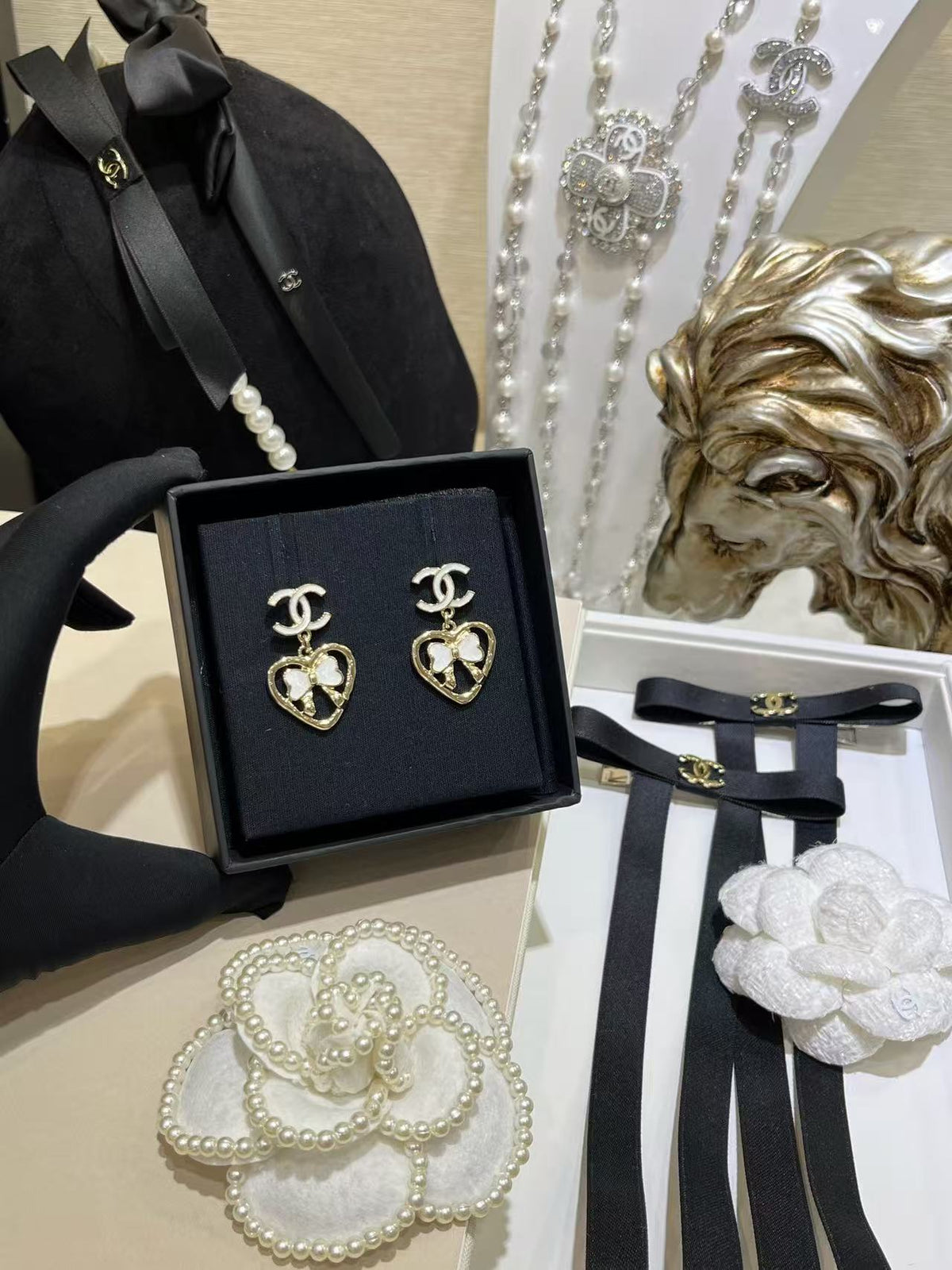 18K CC Black & White Diamond Gold Earrings, CHANE