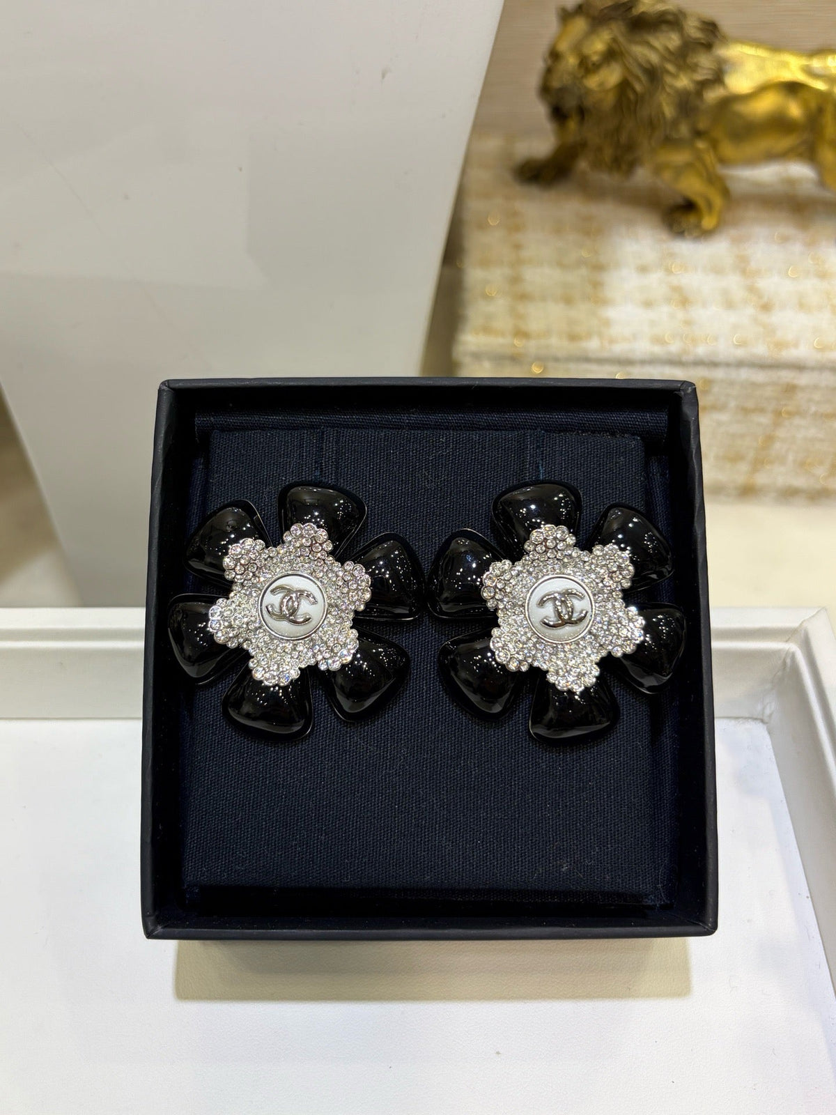 18K CC Black & White Diamond Gold Earrings, CHANE