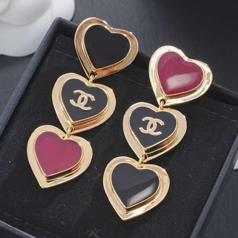 18K  CC1 Black & Red Heart Gold Long Earrings