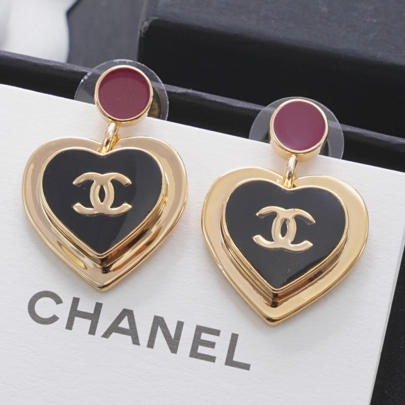18K  CC1 Black & Red Heart Gold Earrings