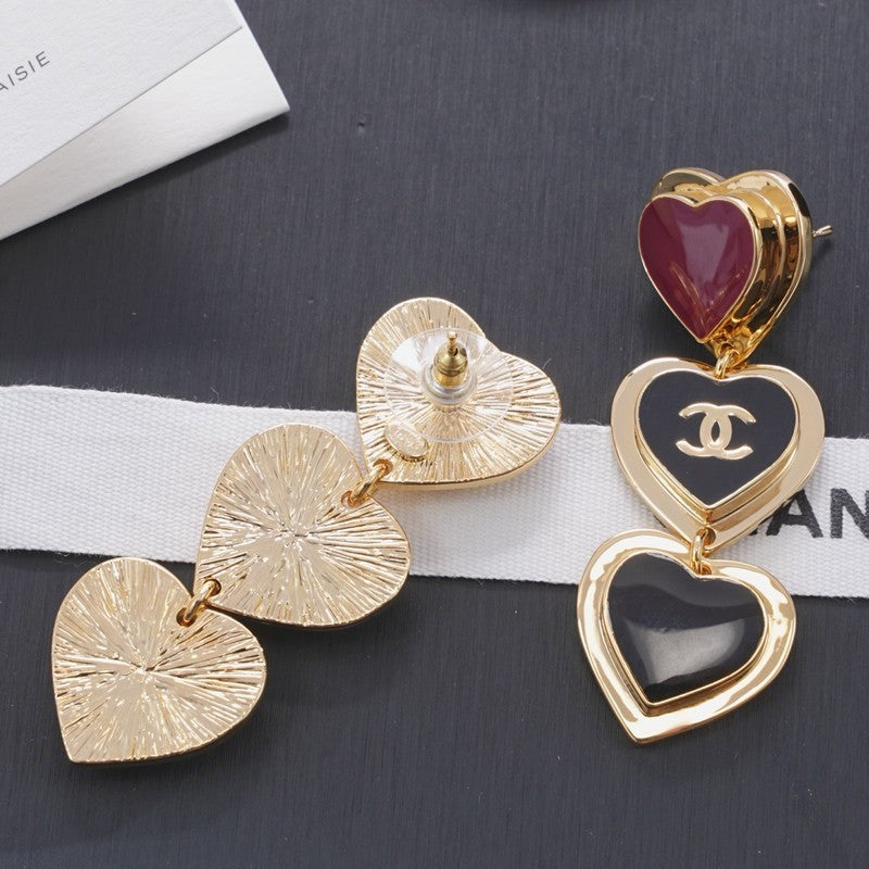 18K  CC1 Black & Red Heart Gold Long Earrings