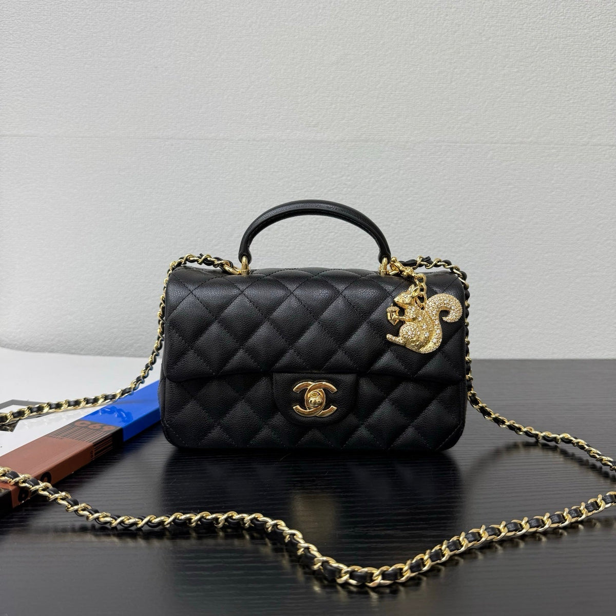 CC BAG  2026 Top Handle Flap Bag 20cm with Squirrel Charm Black Calfskin