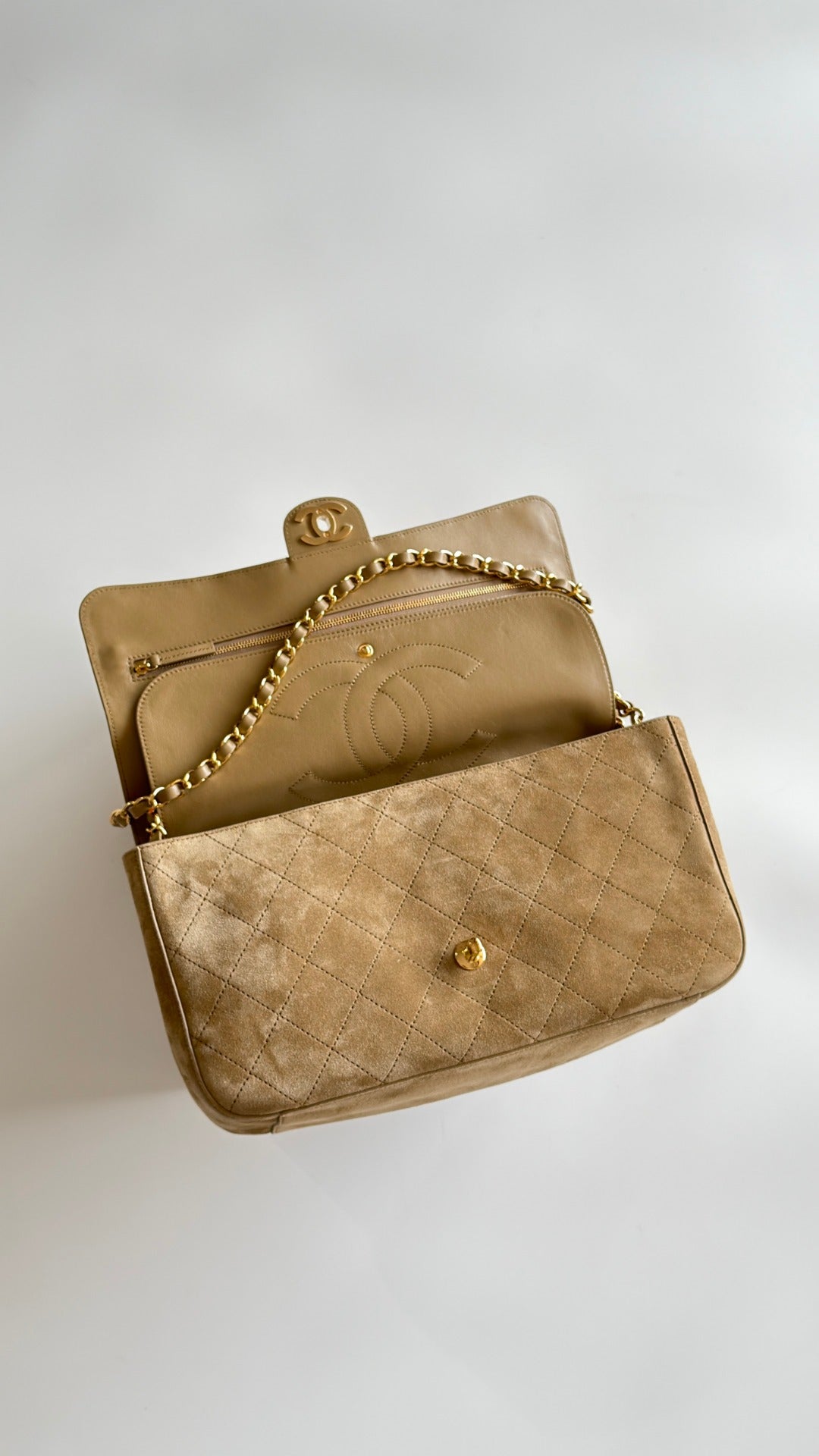 CC BAG  2026 Maxi Flap Bag 32cm Beige Suede Calfskin