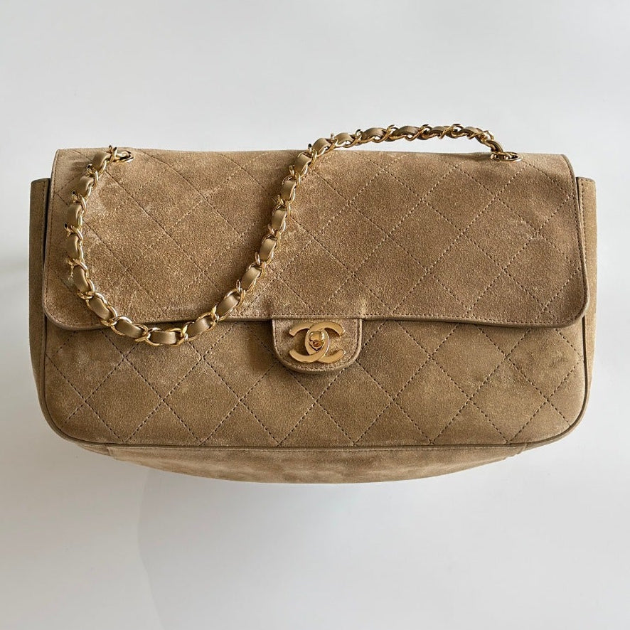 CC BAG  2026 Maxi Flap Bag 32cm Beige Suede Calfskin