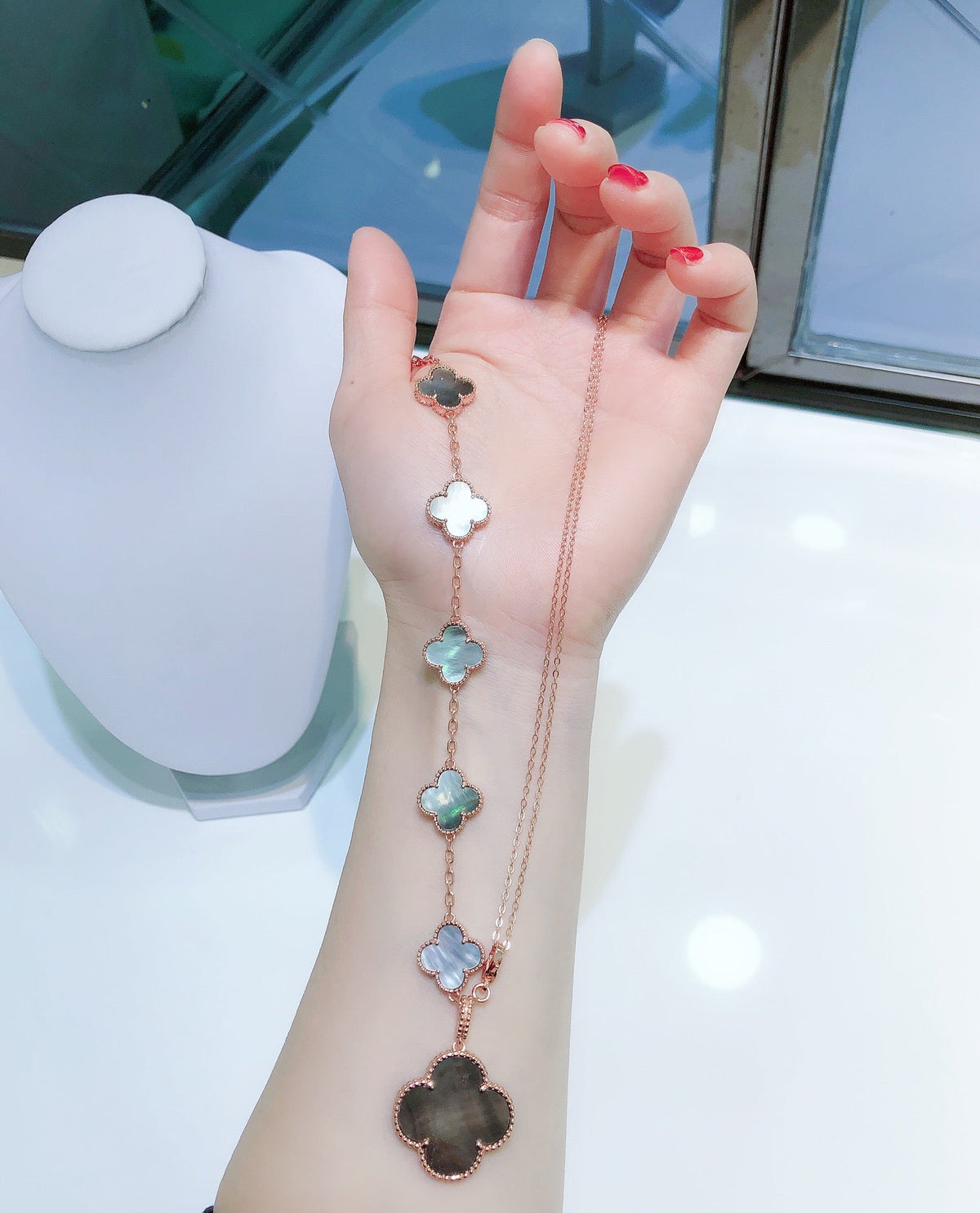 CCjewelry COMBINED BRACELET 5 MOTIFS AND NECKLACE DARK MOP ROSE GOLD