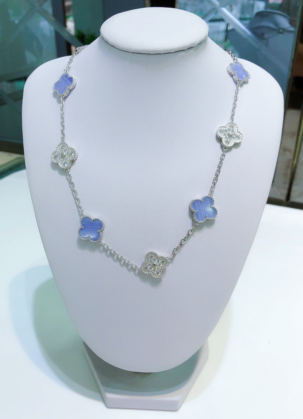 CCjewelry CLOVER 10 MOTIFS CHALCEDONY DIAMONDS SILVER NECKLACE